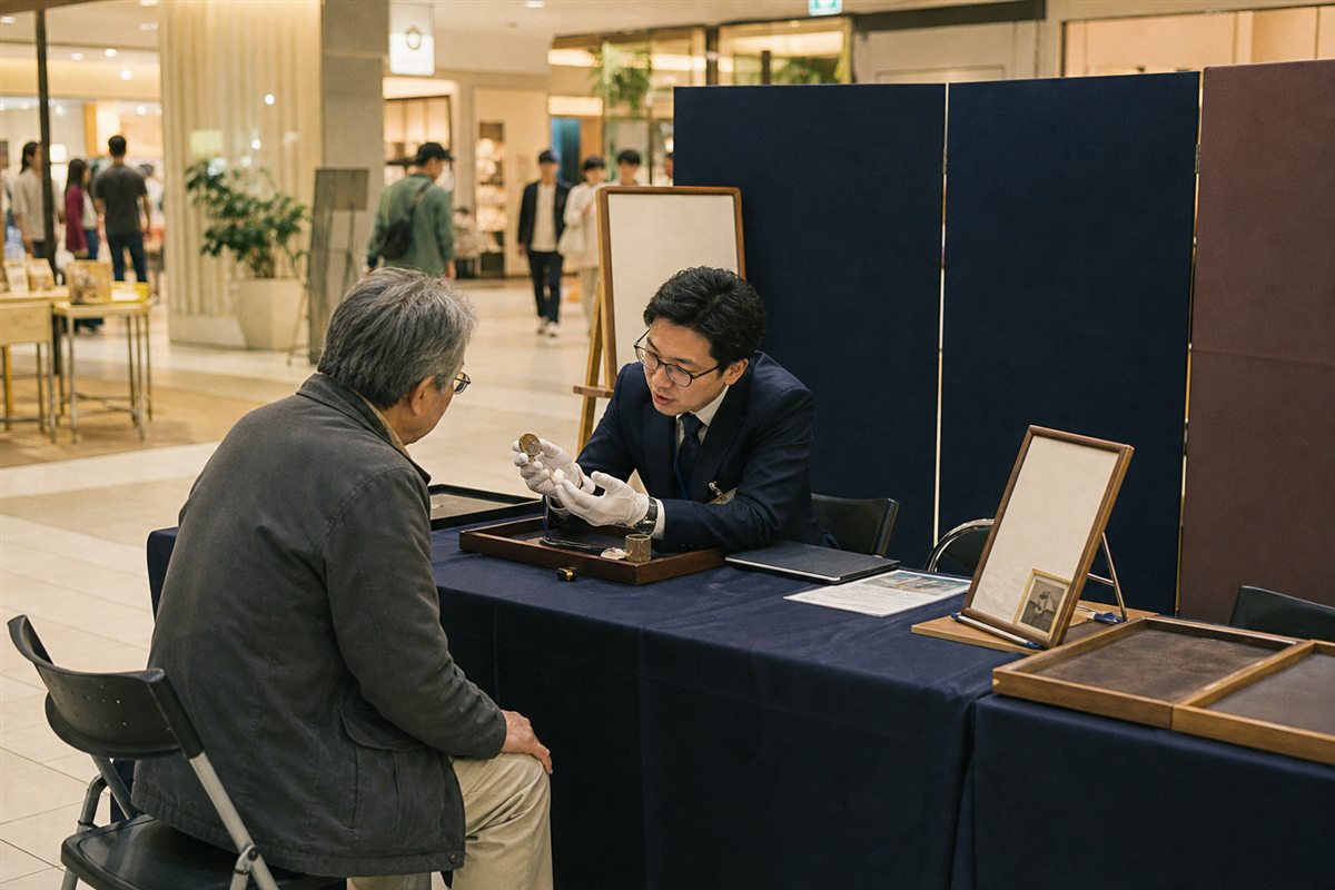 商業施設の催事ブースで品物を丁寧に査定するスタッフ